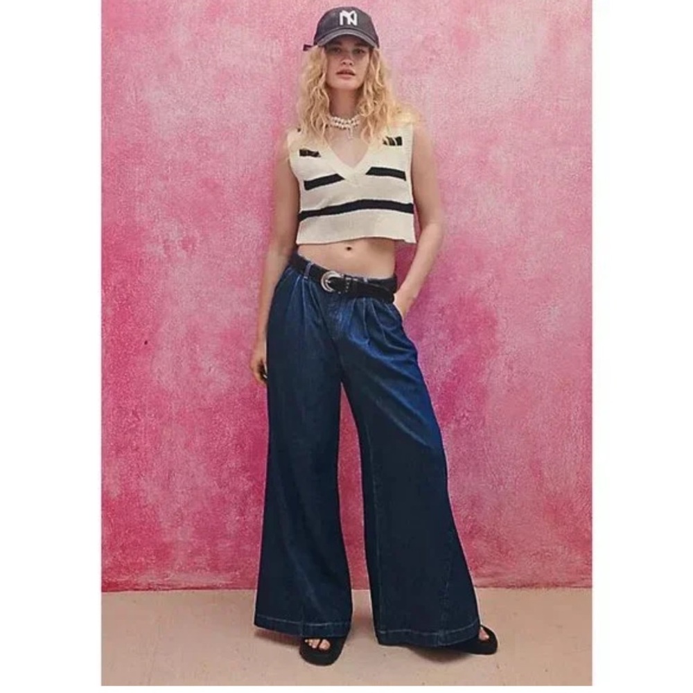 Free People Equinox Wide Leg Denim Trouser Jeans in Ritual (Dark Blue) Sz. 27